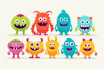Obraz premium Cute abstract cartoon characters set. Bundle of different types of colorful monsters with simple shapes. Mascots expressing emotions. Vector childrens illustration in flat design isolated collection