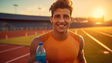 Handsome young man standing on an orange athletics field running tracks, smiling and looking at the camera. Holding a bottle of water in hand, athlete hydration concept, thirsty fit male - obrazy, fototapety, plakaty