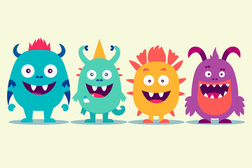 Cute abstract cartoon characters set. Bundle of different types of colorful monsters with simple shapes. Mascots expressing emotions. Vector childrens illustration in flat design isolated collection
