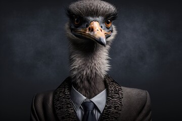 portrait of ostrich in a full-length business suit on a dark background - obrazy, fototapety, plakaty