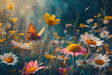 Obraz na płótnie Canvas A beautiful butterfly perched on top of a vibrant field of flowers. Perfect for nature lovers and garden enthusiasts
