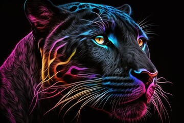 portrait of panther in neon colors on a dark background