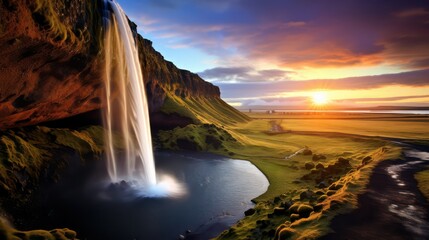 waterfall in the mountain sunset