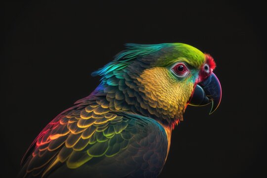 portrait of parrot in neon colors on a dark background