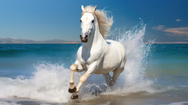 white horse running on the beach
