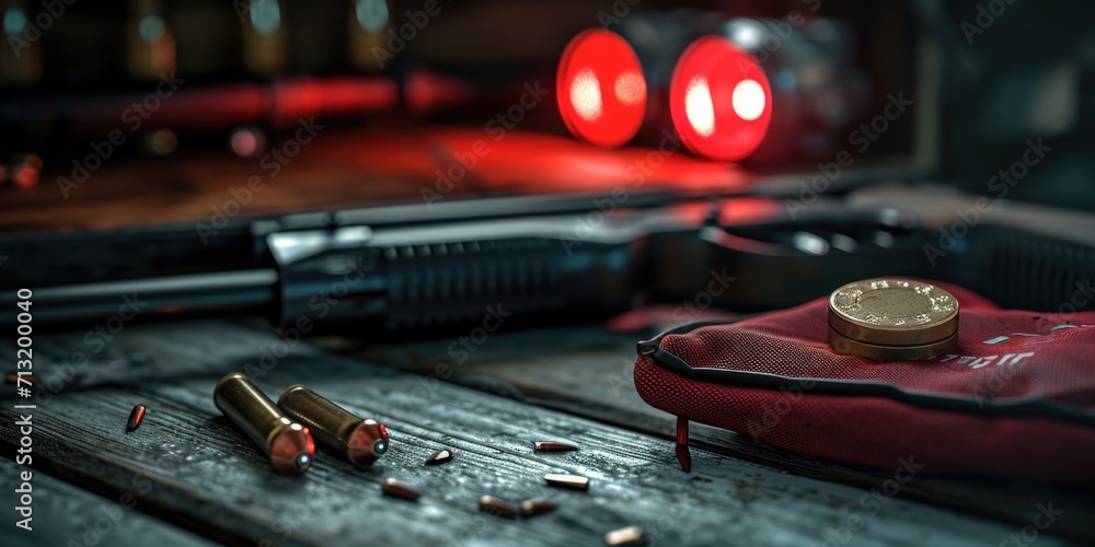 Poster a gun and a bullet are placed on a wooden table. suitable for crime, investigation, and weapon-relat