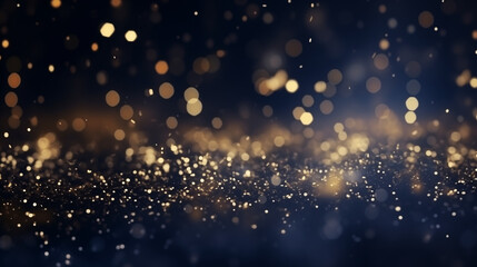 Obraz na płótnie Canvas New year, Christmas background with gold stars and sparkling. Abstract background with Dark blue and gold particle. Christmas Golden light shine particles bokeh on navy background. Gold foil texture