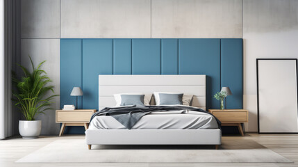 Chic bedroom with blue accent wall and modern furnishings. Design sophistication. Generative AI