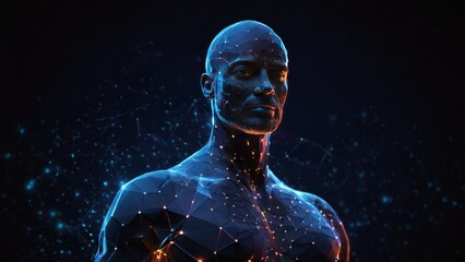 Futuristic polygonal 3d man made of glowing yellow linear polygons on dark blue background. Abstract illustration for online business, it, network, support, healthy, medicine, services app concept. - obrazy, fototapety, plakaty