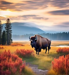 Majestic Bison in Autumn Landscape: A Wildlife Scene with Mountains and Forest