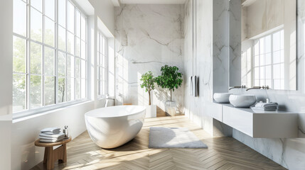 Bright bathroom with large windows, marble walls, and herringbone wood floor. Airy and natural light-filled. Generative AI