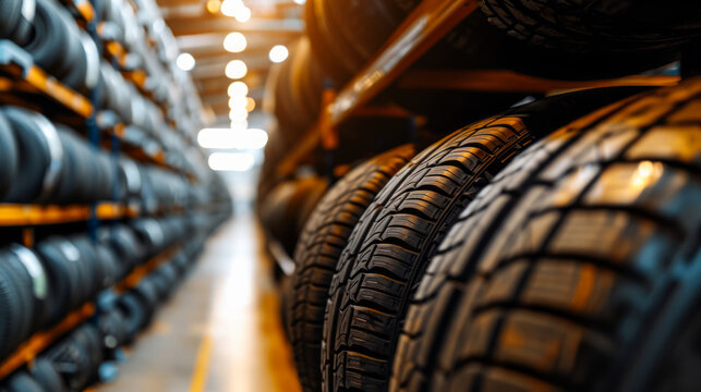 Aligned car tires on metal racks in an illuminated tire shop. Automotive industry and commerce concept. Generative AI