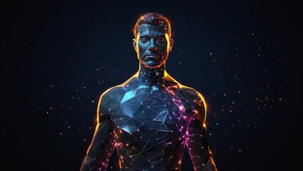 Fototapeta na wymiar Futuristic polygonal 3d man made of glowing yellow linear polygons on dark blue background. Abstract illustration for online business, it, network, support, healthy, medicine, services app concept.