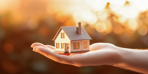 Hand cradling small house model during golden hour, real estate concept. Generative AI