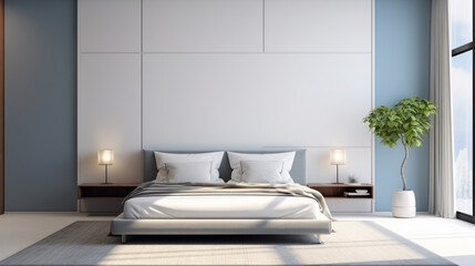 Minimalist bedroom with white bedding and bedside lamps. Modern elegance. Generative AI