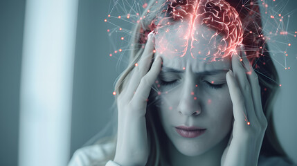 Young woman with headache at home with highlighted brain, stressed depression migraine concept