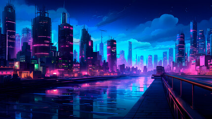 blue and pupple neon light city background
