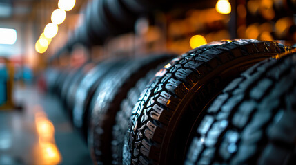 Car tires on metal racks in an illuminated tire shop. Automotive industry and commerce concept. Generative AI