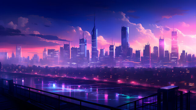 blue and pupple neon light city background
