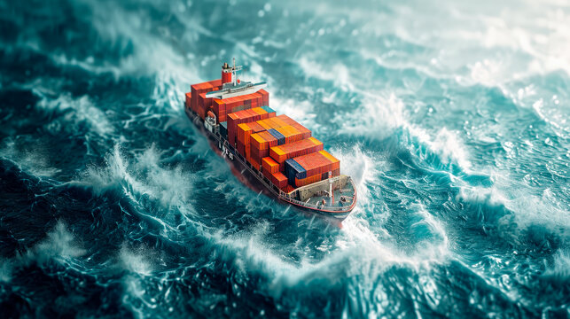 Aerial top down view Sailing cargo ship swinging on stormy sea waves.