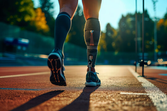 Back view of athlete with a prosthetic leg standing on running track at the stadium.