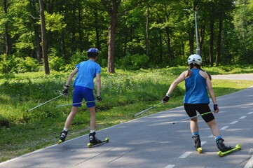 Teenager athletes in blue suits roller skiing on an asphalt path on a sunny summer day. Sports training.