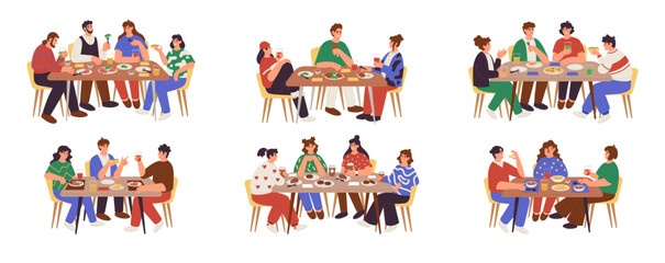 Family dinner in cafe. Group of cartoon people eats breakfast meal. Office men and women have lunch together. Delicious cake or pizza. Holiday food. Parents with kids. Dining tables vector tidy set - obrazy, fototapety, plakaty