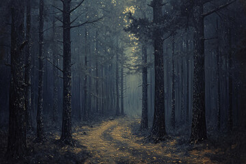 creepy dark forest,pointillism,dim lights