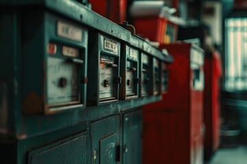 A collection of old-fashioned electrical equipment in a room. This picture can be used to depict a vintage setting or to illustrate the history of electrical technology