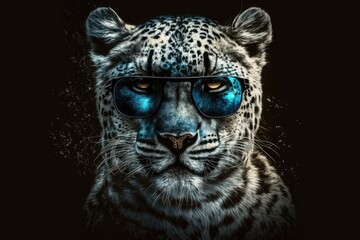 Fototapeta premium portrait of snow leopard with sunglasses on a dark background