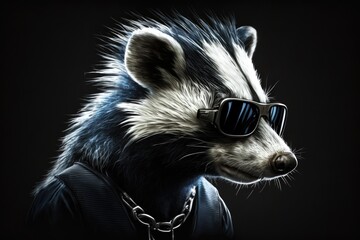 portrait of skunk with sunglasses on a dark background