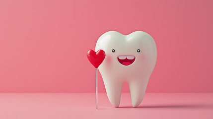 White tooth standing with a staff with a heart on a monochrome background. valentine's day ecard for dentist 