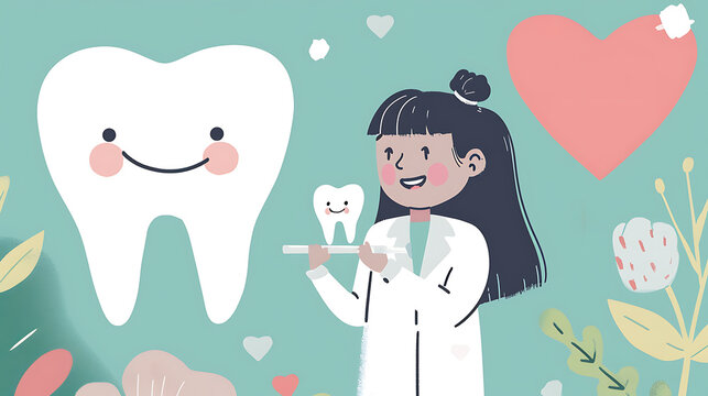 girl dentist holding a healthy tooth, valentine's day card 