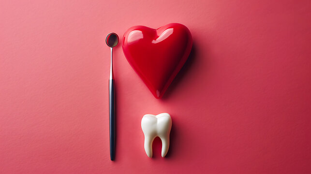 Instrumenti stamotologi with a heart and a white tooth top view, valentine's day card 