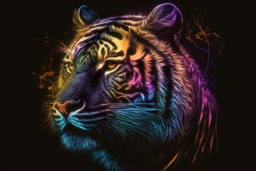 portrait of tiger in neon colors on a dark background