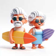 Grandparents with Surfboards. 3D Cartoon Clay Illustration on a light background.