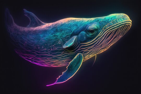 portrait of whale in neon colors on a dark background