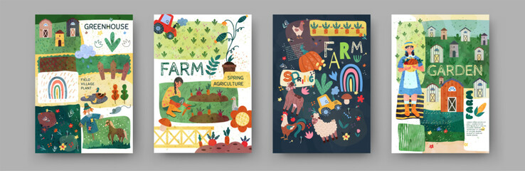 Obraz premium Eco agriculture. Farm and garden cards. Greenhouse harvest. Vegetable cultivation. Domestic animals. Spring gardening. Seedbeds and field scarecrow. Cartoon gardeners work. Vector tidy banners set
