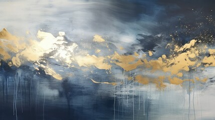 Abstract painting in blue and white with gold accents, modern decoration, contemporary art