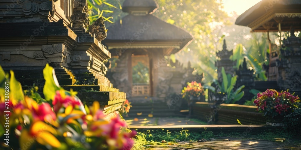 Poster A stone path leading to a small building with a thatched roof. This image can be used to depict a serene countryside setting or a traditional architectural style