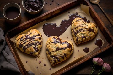 heart-shaped scones baked in heart-shaped mold with bitter chocolate drizzle