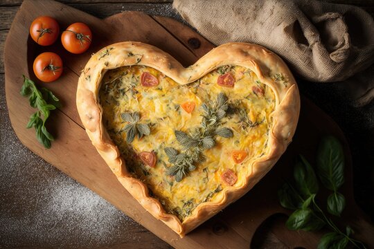 heart-shaped quiche with a flaky crust, creamy filling, and fresh herbs