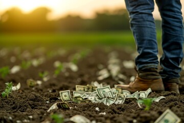 scene of a field at sunset with a person standing amidst scattered US dollar bills on the soil - obrazy, fototapety, plakaty