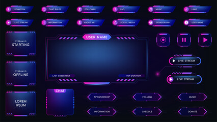Stream twitch game icons. Buttons and overlay panel frame. Futuristic interface design. Live streaming. Neon user tag. Cyber glow modern name border. Streamers menu bar. Vector UI digital elements set - obrazy, fototapety, plakaty