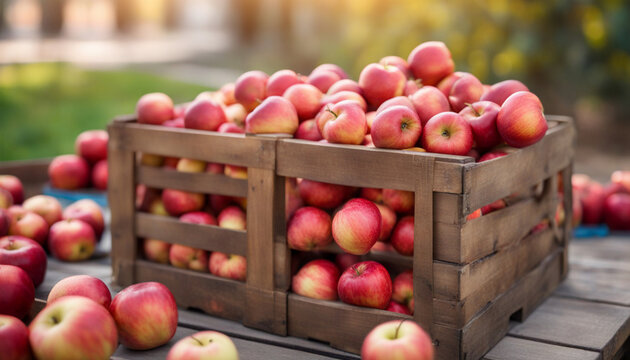 Wooden crate of red apples. Red fruits harvest on the Sunny background. Close up