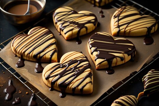 decadent heart-shaped shortbread cookies drizzled with oozing chocolate