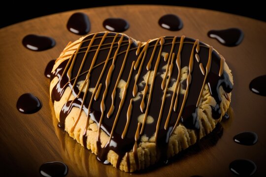 a heart-shaped shortbread cookie topped with a drizzle of decadent dark chocolate