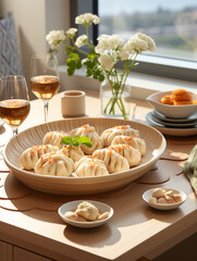 Oval irregular white ceramic dumpling plate, with dipping dish