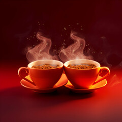 Two cups of coffee with smoke on red background. 3d illustration