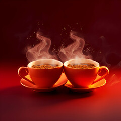 Fototapeta premium Two cups of coffee with smoke on red background. 3d illustration